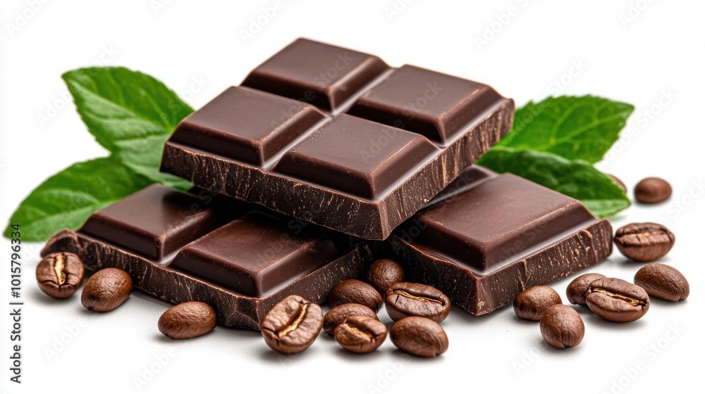 A photostock images of rich dark chocolate bars with coffee beans on a clean white background A photostock images of rich dark chocolate bars with coffee beans on a clean white background