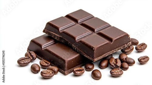 A photostock images of rich dark chocolate bars with coffee beans on a clean white background