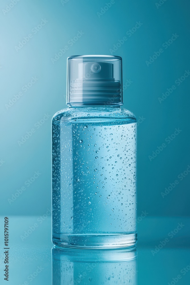 Clear bottle filled with blue liquid, isolated on a blue background. Clear bottle filled with blue liquid, isolated on a blue background.