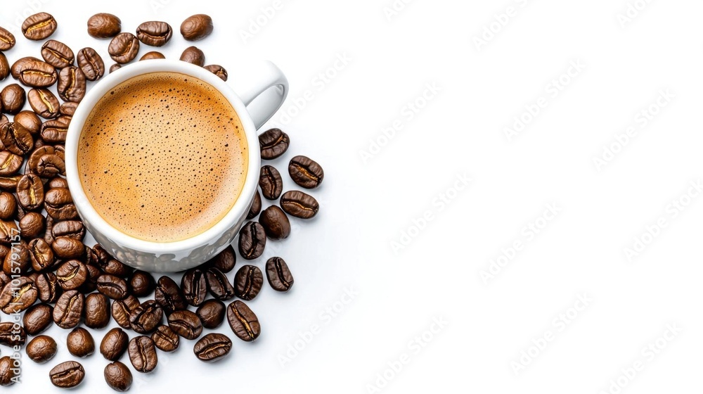 A photostock images of steaming coffee with coffee beans scattered around on a clean white background A photostock images of steaming coffee with coffee beans scattered around on a clean white background