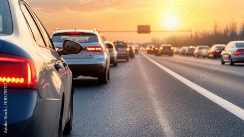 Cars stuck in traffic during a beautiful sunset on a busy highway.