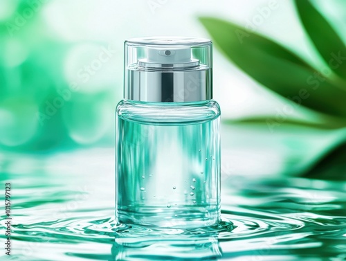 Clear cosmetic bottle on water surface with green background.