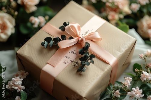 Elegant present wrapped with a pink ribbon lying on a table