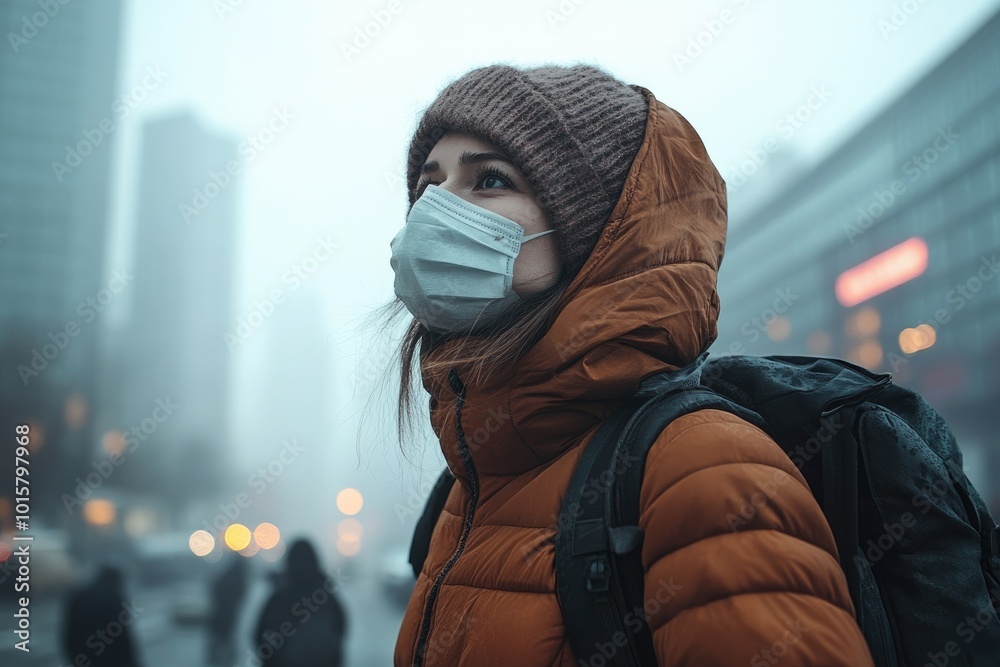 Young man with backpack looking at cityscape in winter Young man with backpack looking at cityscape in winter