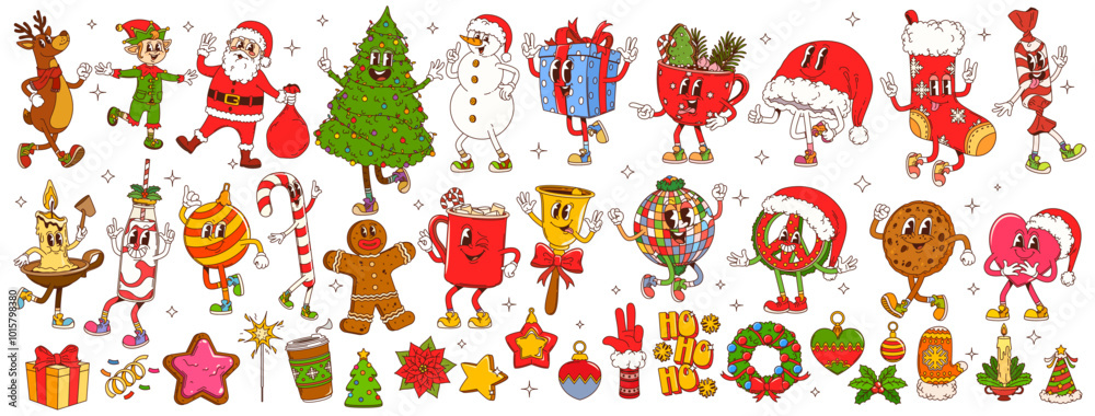 Cartoon groovy funny Christmas characters for winter holidays, vector icons. Groovy Santa with Christmas tree and New Year gifts, Ho Ho Ho and cookie with funky snowman character in retro cartoon