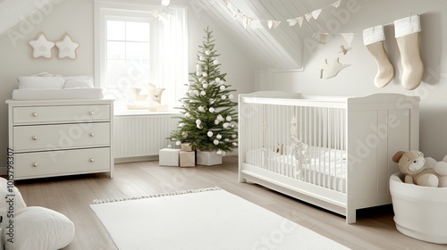 Cozy nursery with crib, decor, and Christmas tree, bright white and airy atmosphere.
