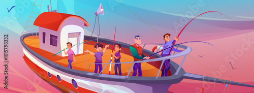 Fish boat in ocean with pink water illustration. Children with father on commercial vessel with rod. Traditional trawler adventure with people learning fishing activity. Calm sea and ship backdrop