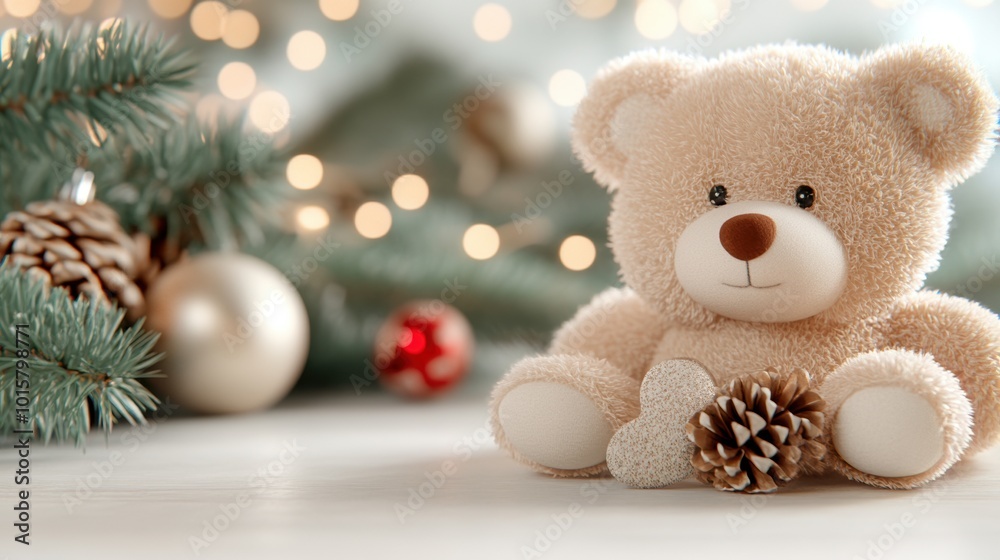 Cute teddy bear with pine cone, soft focus Christmas background. Cute teddy bear with pine cone, soft focus Christmas background.