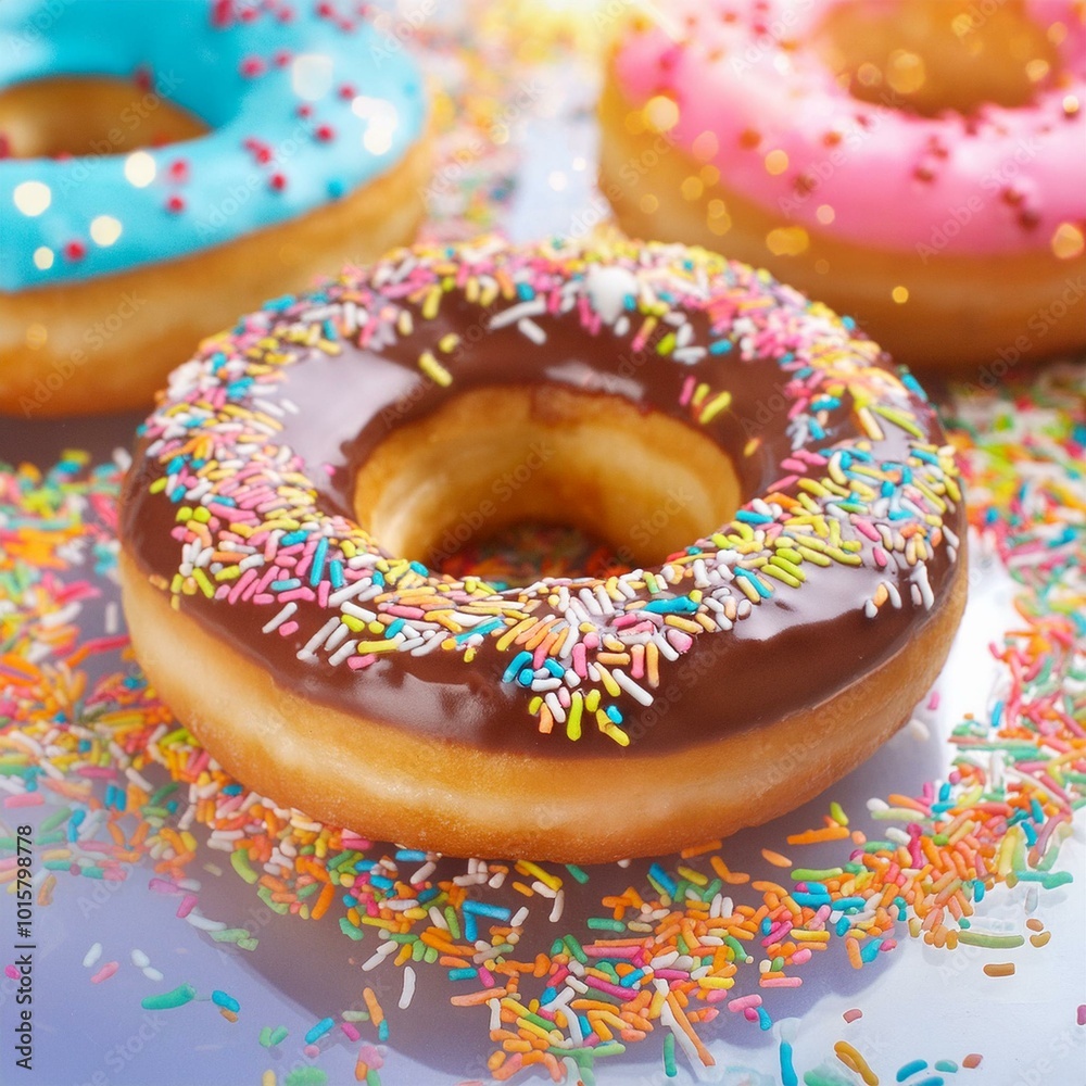 Three donuts with colorful sprinkles on top Three donuts with colorful sprinkles on top