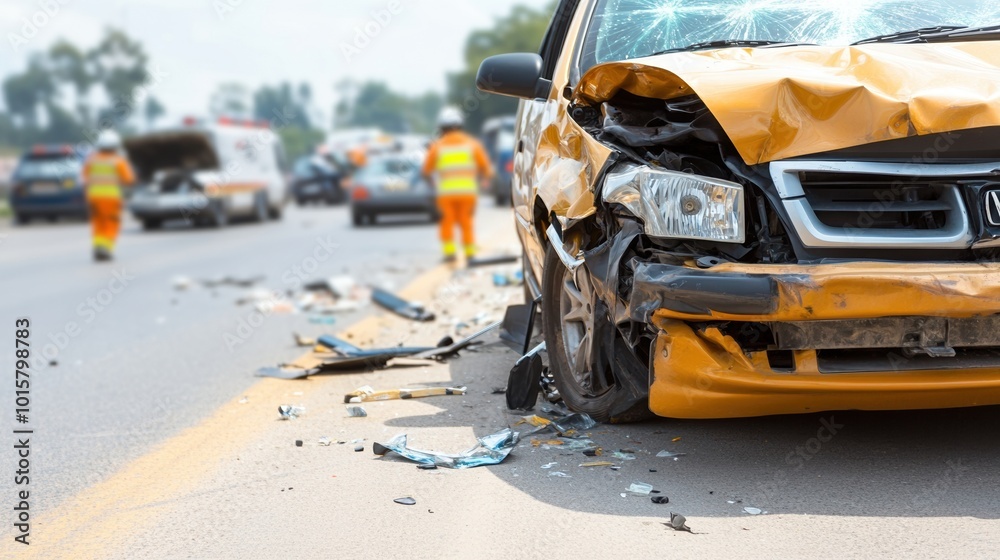 Damaged car in an accident on the road, emergency services in background.