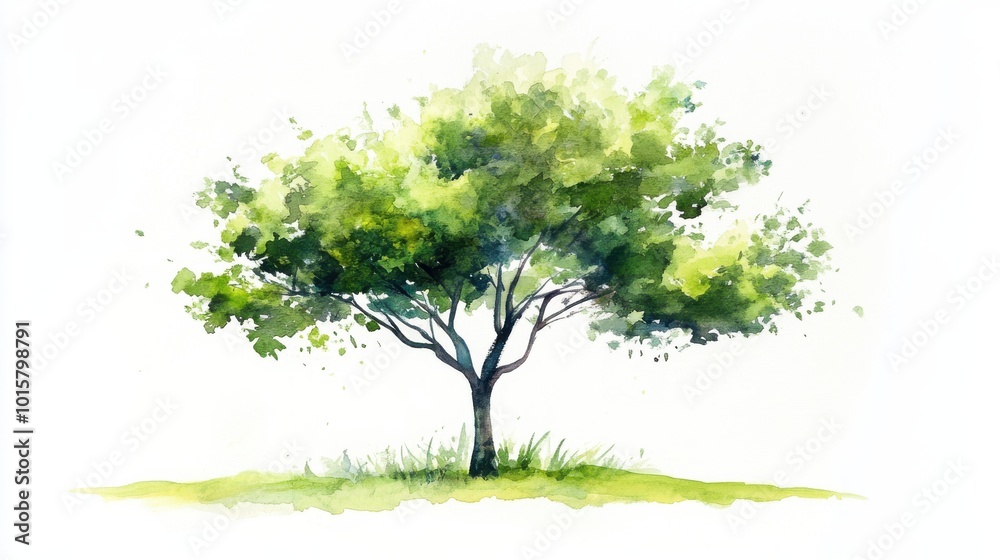 A vibrant watercolor depiction of a tree with lush green foliage standing on a simple grassy area under bright light A vibrant watercolor depiction of a tree with lush green foliage standing on a simple grassy area under bright light