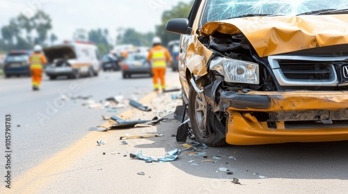 Damaged car in an accident on the road, emergency services in background. photo