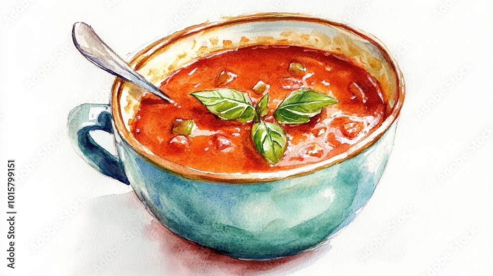 A vibrant bowl of hearty tomato soup garnished with fresh basil, ready to enjoy on a cozy afternoon A vibrant bowl of hearty tomato soup garnished with fresh basil, ready to enjoy on a cozy afternoon