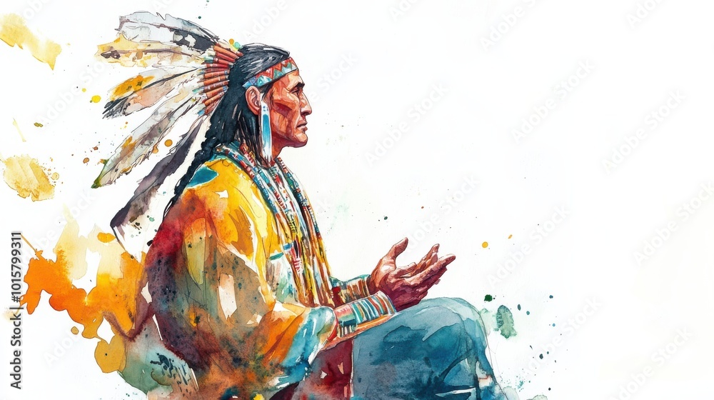 Fototapeta premium A Native American man sits in contemplation with colorful patterns surrounding him in a vibrant watercolor interpretation