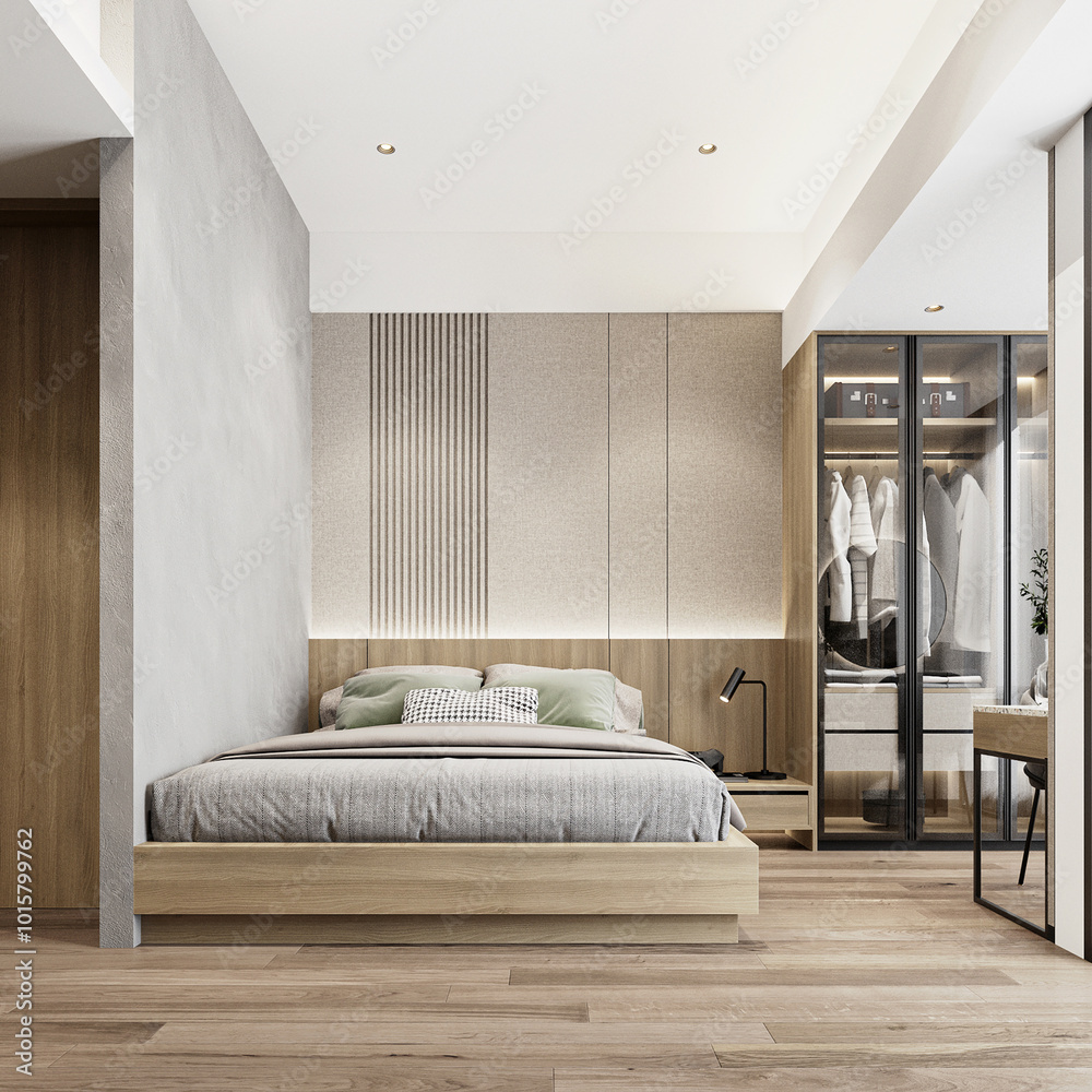 Fototapeta premium Compact apartment bedroom rendering with neutral tone.