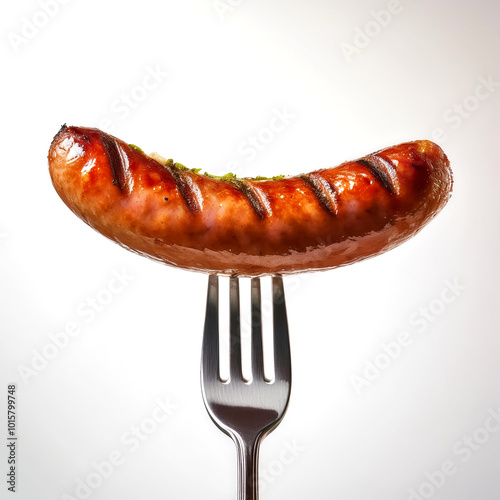 Grilled sausages on a fork on a white background