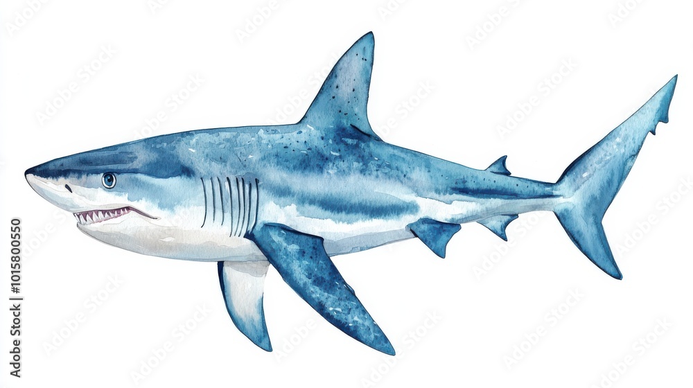 Fototapeta premium Blue shark swimming gracefully in ocean waters, showcasing its slender body and sharp features