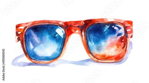 Colorful watercolor depiction of stylish sunglasses with reflective lenses resting on a flat surface in a sunny setting