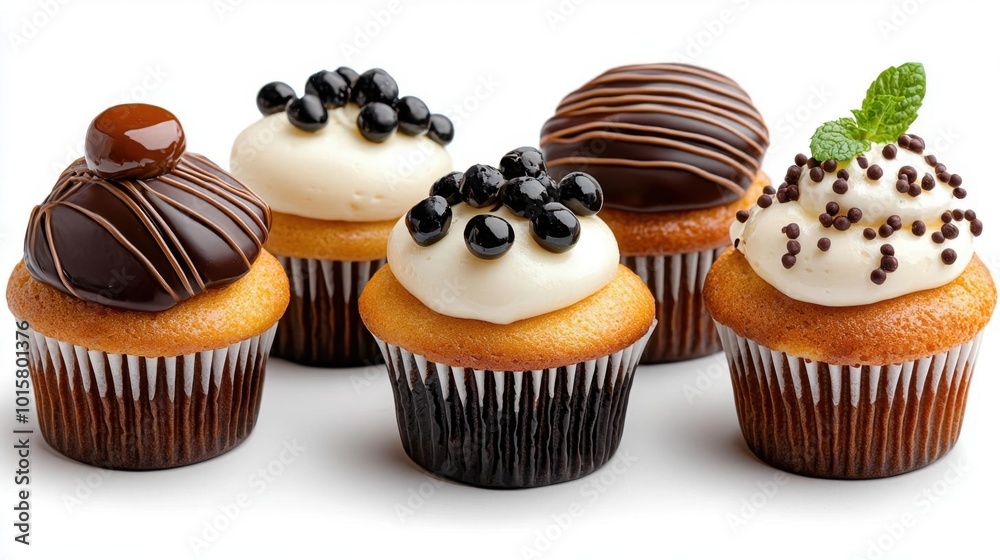 A photostock image of fresh baked muffins with various toppings on a clean white background A photostock image of fresh baked muffins with various toppings on a clean white background