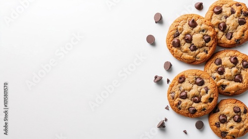 A photostock image of freshly baked chocolate chip cookies scattered on a clean white background