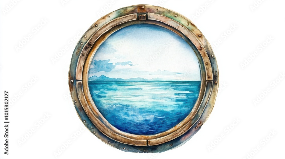 A serene view of calm ocean waters through a round porthole on a clear day by the coast A serene view of calm ocean waters through a round porthole on a clear day by the coast