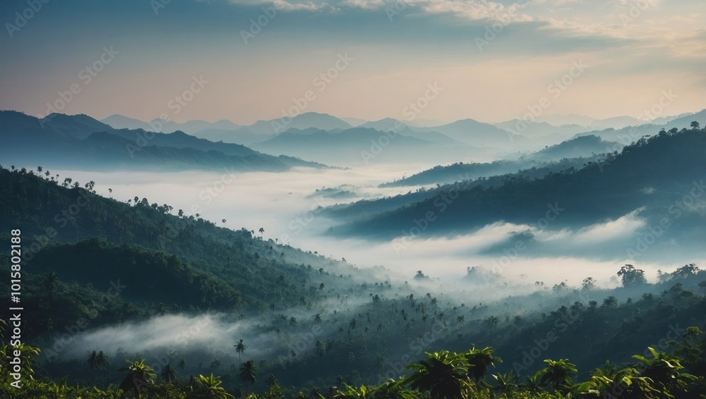 Serene Amazon Rainforest Landscape with Rolling Hills and Morning Fog Serene Amazon Rainforest Landscape with Rolling Hills and Morning Fog