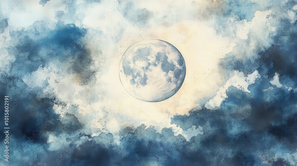 A luminous full moon shines through swirling blue and gray clouds in a serene night sky over a tranquil landscape A luminous full moon shines through swirling blue and gray clouds in a serene night sky over a tranquil landscape