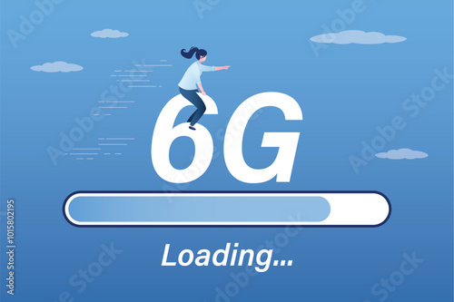 Fast speed of mobile internet, 6g network. Fast loading of media content on gadgets. Woman user ride on 6g sign. Signal quality improvements, tariff with fast mobile Internet.