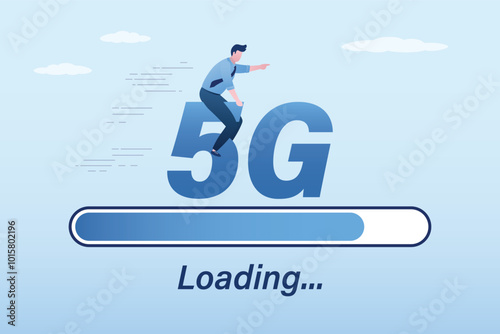 Fast speed of mobile internet, 5g network. Fast loading of media content on gadgets. Male user ride on 5g sign. Signal quality improvements, tariff with fast mobile Internet