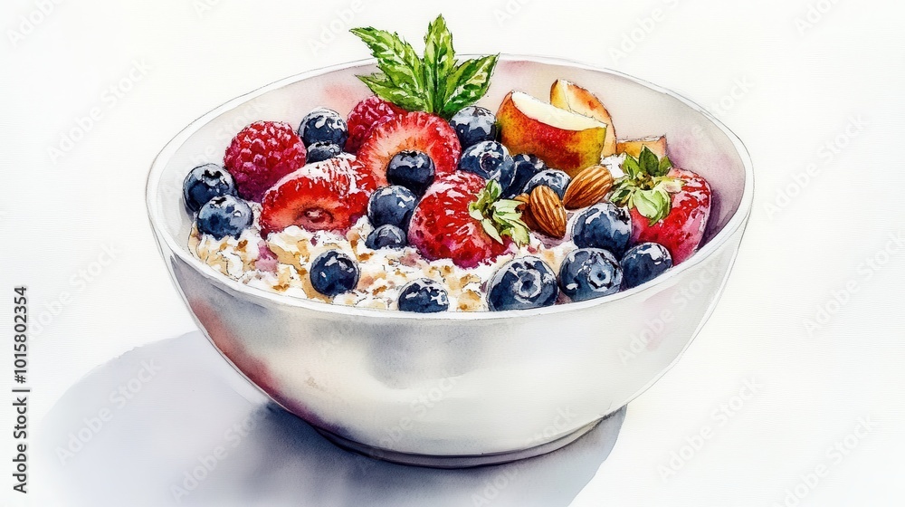 A colorful bowl of mixed berries, nuts, and oats showcases a healthy breakfast on a bright morning table A colorful bowl of mixed berries, nuts, and oats showcases a healthy breakfast on a bright morning table