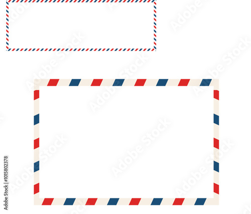 Airmail blank postcard template retro border envelope with stripes. Paper texture, vintage mail. Air post letter. Blank envelope