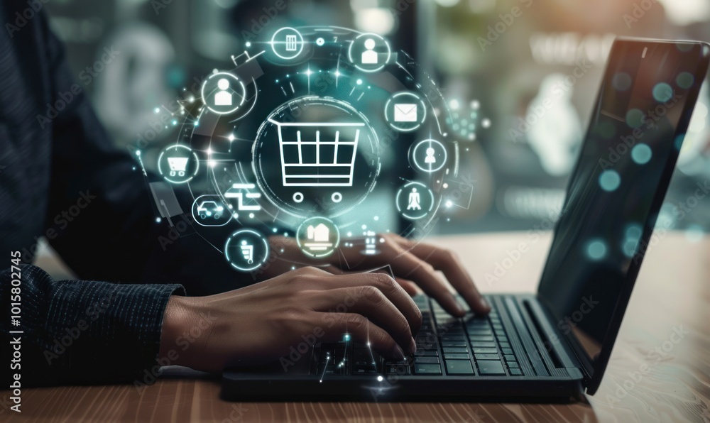 Person using laptop with digital e-commerce icons overlay. Online shopping and technology concept for digital marketing or business. Person using laptop with digital e-commerce icons overlay. Online shopping and technology concept for digital marketing or business.