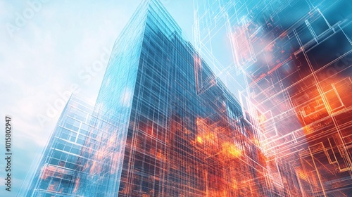 Wallpaper Mural A double exposure of a high-tech building and holographic engineering blueprints, representing future architectural innovation Torontodigital.ca