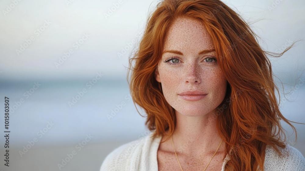 A woman with red hair and freckles poses outdoors by the beach during sunset, showcasing her natural beauty and confidence A woman with red hair and freckles poses outdoors by the beach during sunset, showcasing her natural beauty and confidence