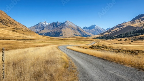 Scenic winding road through golden grasslands with distant mountains under a clear blue sky in a tranquil landscape