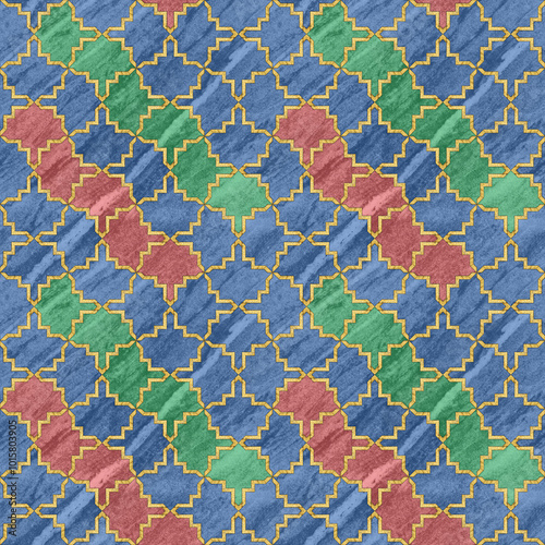 Geometric seamless texture. Stained glass style. Oriental tracery. Art deco pattern. For ceramic tile, wallpaper, linoleum, textile, shirts, linens or web page background. Website design. Stone.