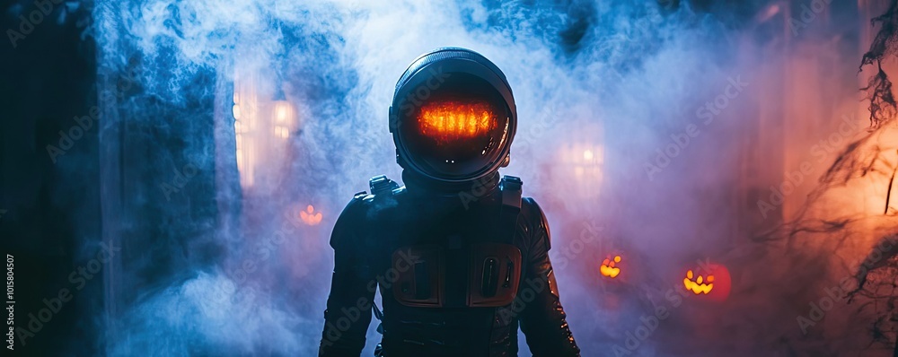 A mysterious astronaut stands in a foggy environment, illuminated by eerie lights, evoking an otherworldly atmosphere.