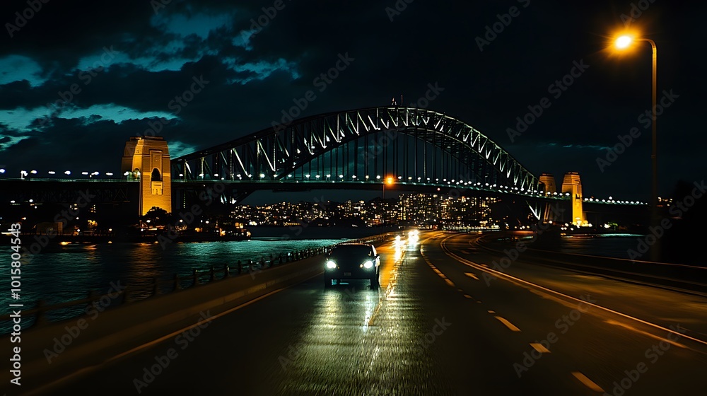 Fototapeta premium 42. A dramatic steel arch bridge illuminated at night