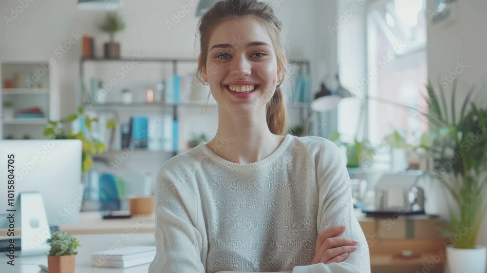 A woman is smiling and posing for a picture in a room with a lot of plants A woman is smiling and posing for a picture in a room with a lot of plants