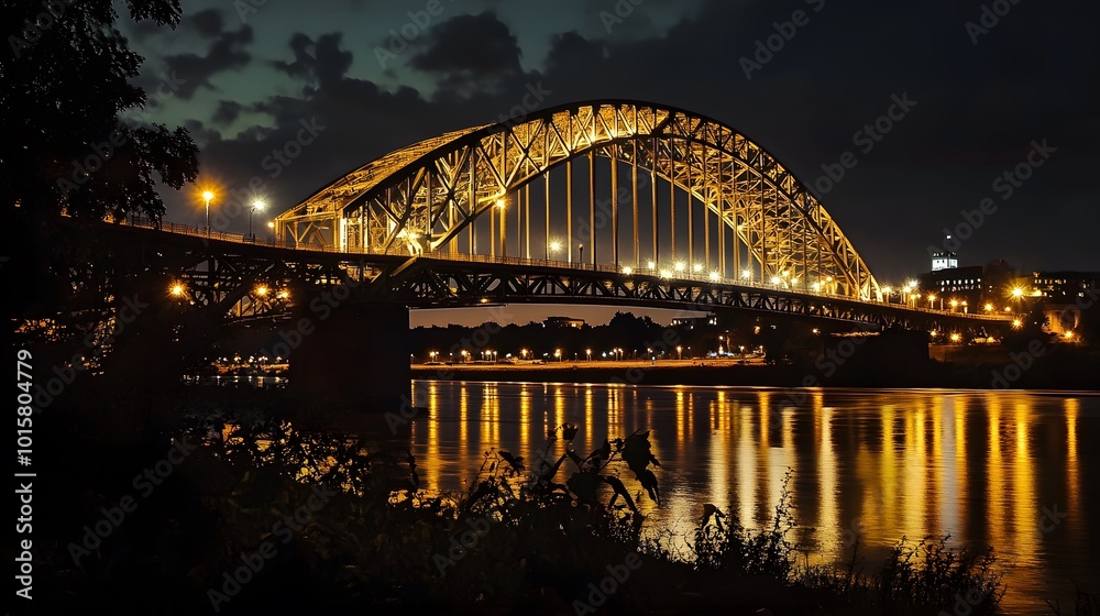 Fototapeta premium 42. A dramatic steel arch bridge illuminated at night