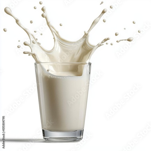 A photostock images of a glass of milk splashing with a clean white background
