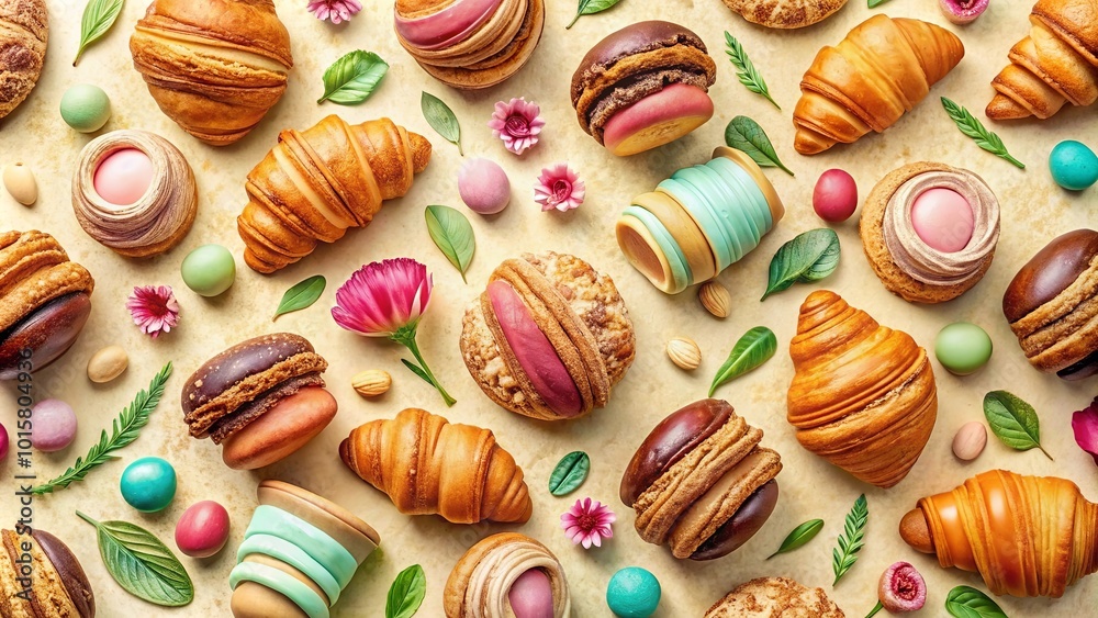 A symphony of pastel hues and delicate textures, where sweet treats like delicate pastries and confections are artfully arranged amidst delicate blossoms and verdant foliage. A symphony of pastel hues and delicate textures, where sweet treats like delicate pastries and confections are artfully arranged amidst delicate blossoms and verdant foliage.