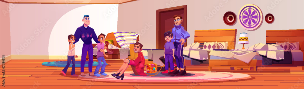 Man with children catch thief at home bedroom. Robbery in house bed room because of stealing treasure chest by burglar. Happy kids with father reveal crime in hotel apartment graphic panorama Man with children catch thief at home bedroom. Robbery in house bed room because of stealing treasure chest by burglar. Happy kids with father reveal crime in hotel apartment graphic panorama