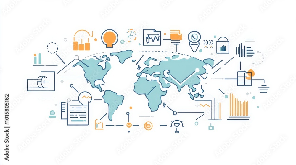 Global data analysis and visualization tools with maps and charts in a creative layout illustrating technology and information trends Global data analysis and visualization tools with maps and charts in a creative layout illustrating technology and information trends