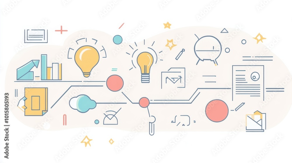 Creative brainstorming process with light bulbs, charts, and abstract elements illustrating innovative ideas and planning Creative brainstorming process with light bulbs, charts, and abstract elements illustrating innovative ideas and planning