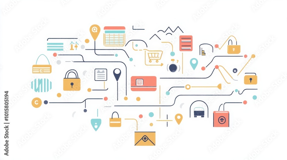 Colorful digital icons representing technology, security, and data management interconnected in an abstract design on a white background Colorful digital icons representing technology, security, and data management interconnected in an abstract design on a white background