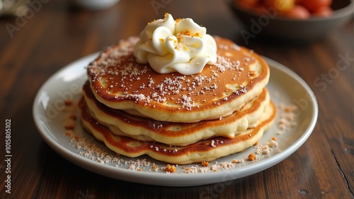 a stack of pancakes with syrup and whipped cream on top.