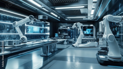 Futuristic robotics lab featuring multiple robotic arms and advanced machinery in a high-tech environment