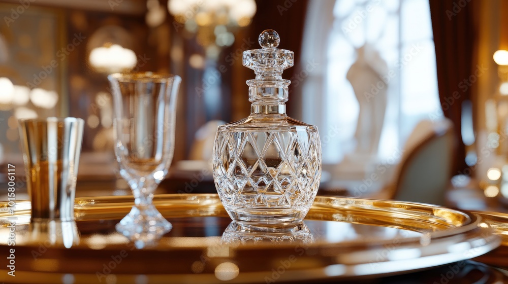 Elegant Crystal Decanter and Glass on Golden Tray Elegant Crystal Decanter and Glass on Golden Tray