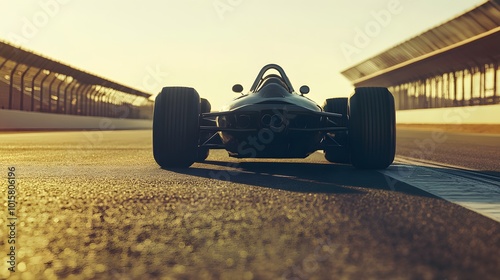 63. A dynamic view of a steel racing car on a racetrack